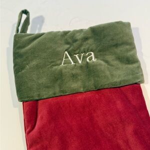 Pottery Barn Velvet Stocking in Red and Green- AVA embroidered